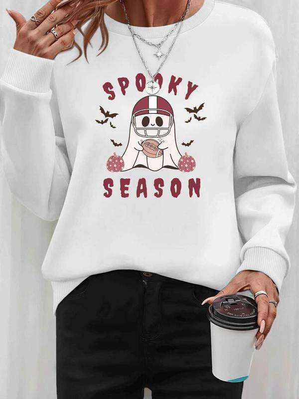 Women's Halloween Ghost Bat Letter Print Long Sleeve Round Neck Pullover Sweatshirt, Casual Fitted Style, Fall & Winter...