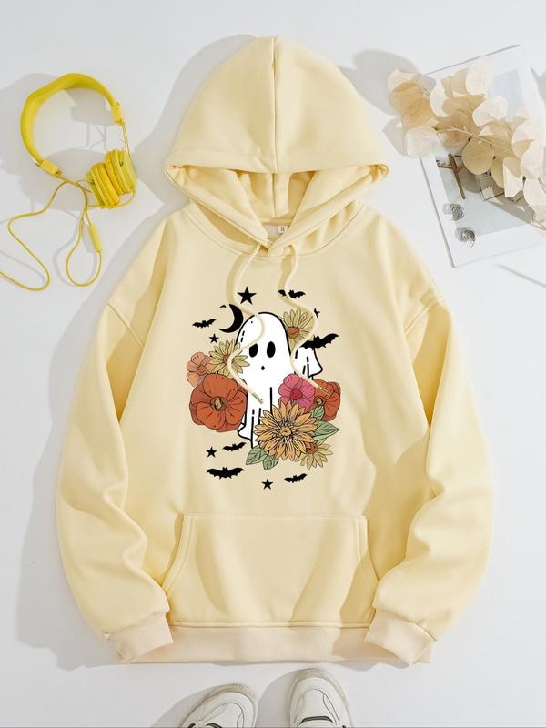 Women's Halloween Ghost Bat Moon Star Flower Print Hoodie, Loose Fit Casual Fall Winter Pullover, Sweatshirt T-Shirts