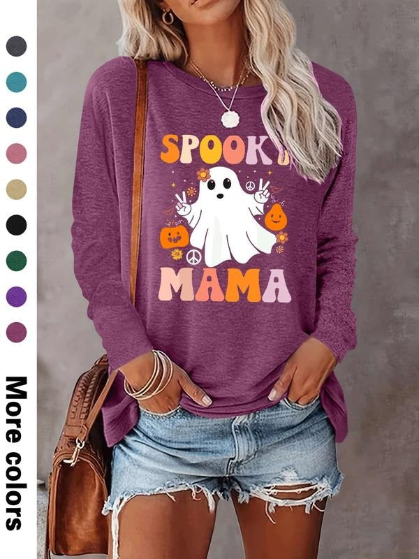 Women's Halloween Ghost Letter Print Long Sleeve Casual Fitted T-Shirt, Comfortable Fabric, Available in 9 Colors style...