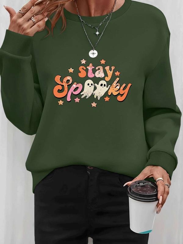 Women's Halloween Ghost Letter Print Long Sleeve Round Neck Pullover Sweatshirt, Casual Fitted Design, Available in 9...