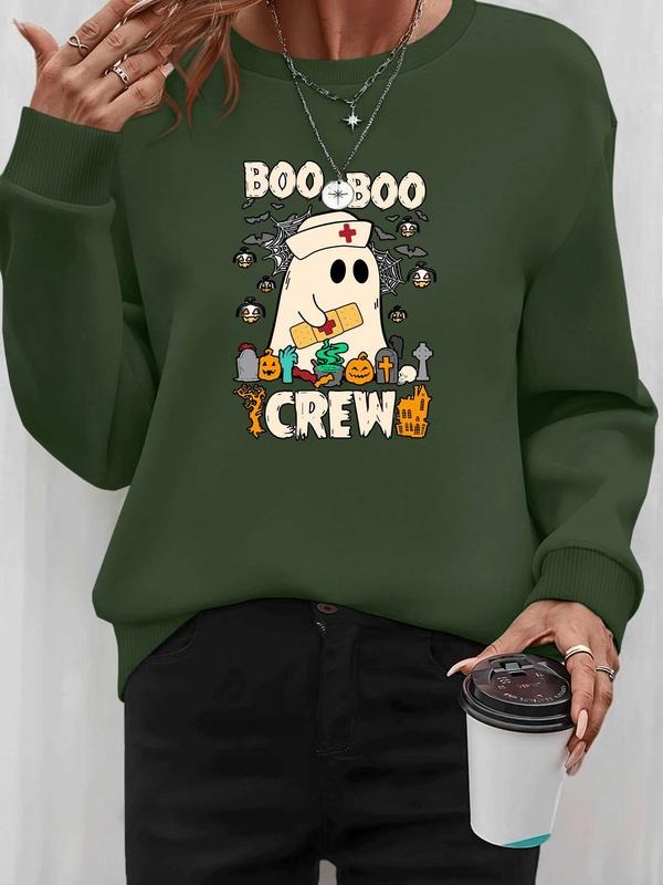 Women's Halloween Ghost Letter Print Long Sleeve Round Neck Pullover Sweatshirt, Casual Fitted Kint Fabric for Fall &...