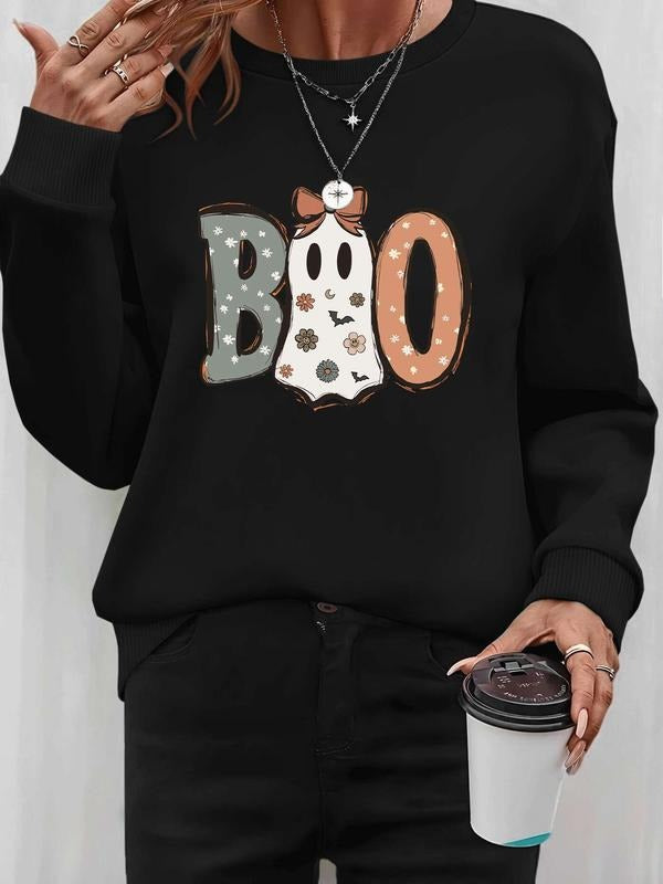 Women's Halloween Ghost Letter Print Long Sleeve Round Neck Pullover Sweatshirt, Casual Fitted Kint Fabric for Fall &...