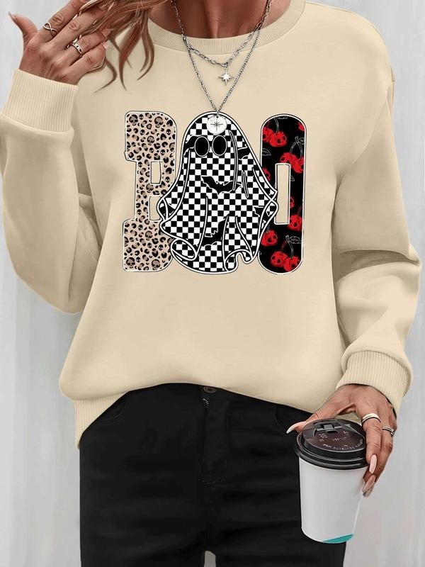 Women's Halloween Ghost Letter Print Long Sleeve Round Neck Pullover Sweatshirt, Casual Fitted Kint Fabric, Fall & Winter...