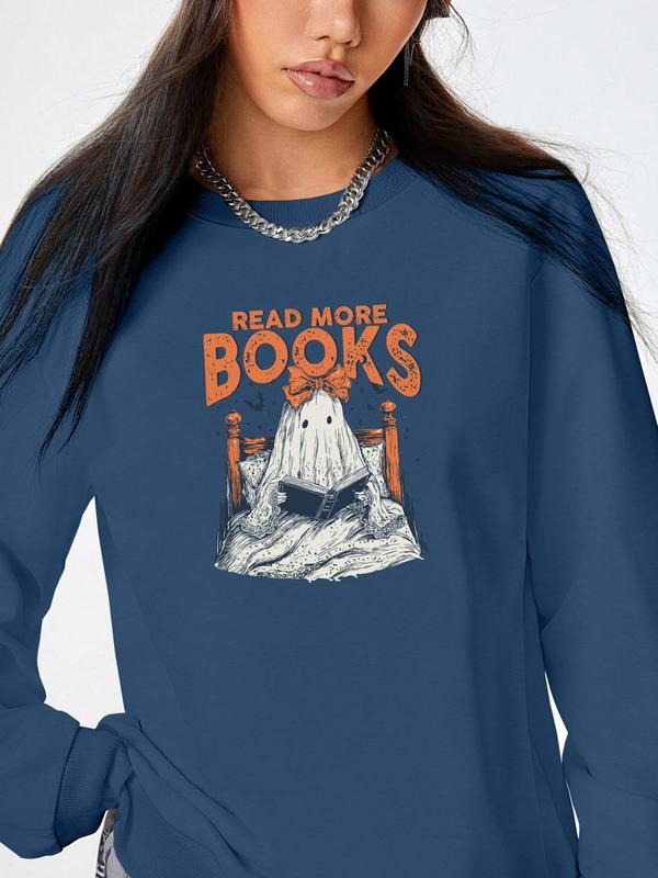 Women's Halloween Ghost Letter Print Long Sleeve Round Neck Pullover Sweatshirt, Casual Fitted Kint Fabric, Fall & Winter...