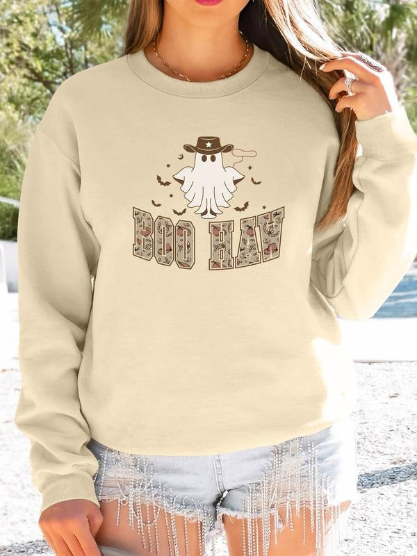 Women's Halloween Ghost Letter Print Long Sleeve Round Neck Pullover Sweatshirt, Casual Fitted Style, Fall & Winter...