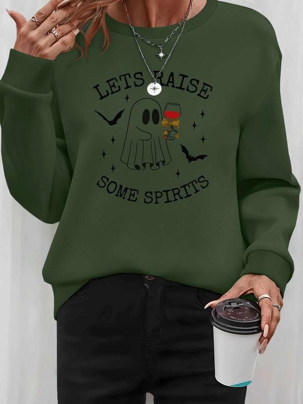 Women's Halloween Ghost Letter Print Long Sleeve Round Neck Pullover Sweatshirt, Casual Fitted Style, Fall & Winter...