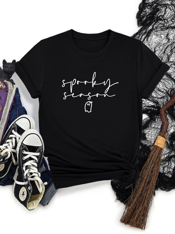 Women's Halloween Ghost Letter Print Round Neck Short Sleeve T-Shirt, Soft Comfortable Fabric, Casual Fitted Top, All...