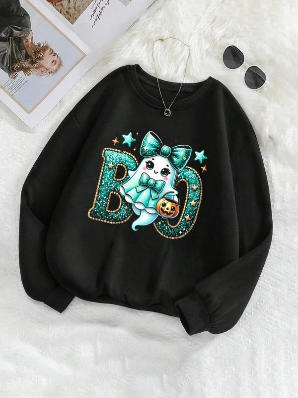 Women's Halloween Ghost Print Fitted Pullover Sweatshirt, Casual Round Neck Long Sleeve Top, Fall & Winter Fashion...