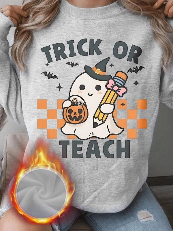 Women's Halloween Ghost Print Fleece Pullover Sweatshirt, Casual Round Neck Long Sleeve Top, Fall & Winter Thick Fabric...
