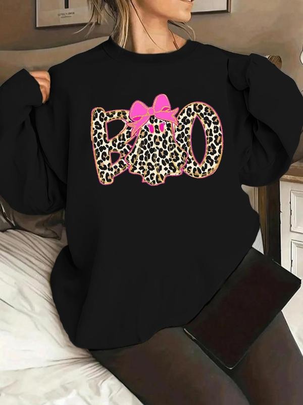 Women's Halloween Ghost Print Fleece Pullover Sweatshirt, Casual Round Neck Long Sleeve Top, Fall & Winter Thick Fabric...