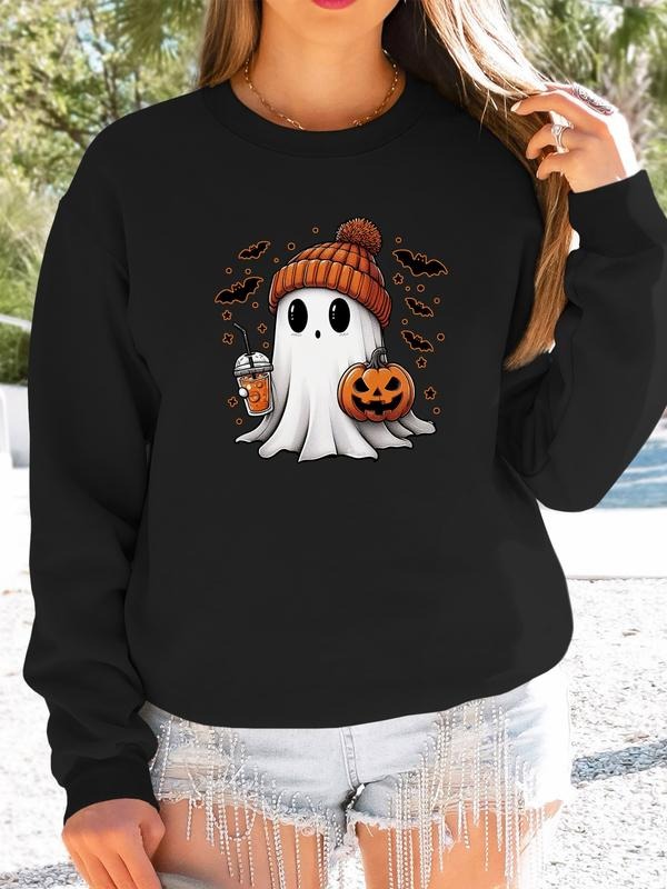 Women's Halloween Ghost Print Long Sleeve Round Neck Pullover Sweatshirt, Casual Fitted Design, Available in 7 Colors...