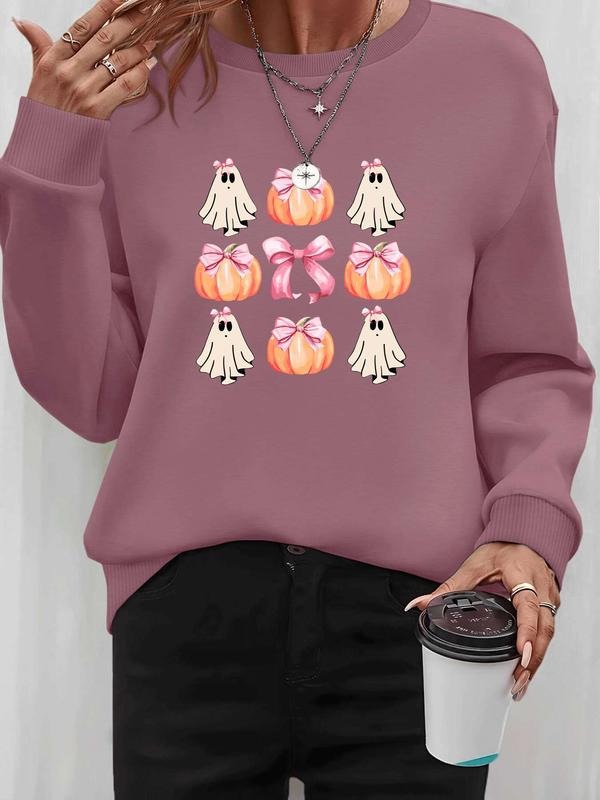Women's Halloween Ghost Print Long Sleeve Round Neck Pullover Sweatshirt, Casual Fitted Design, Available in 7 Colors...
