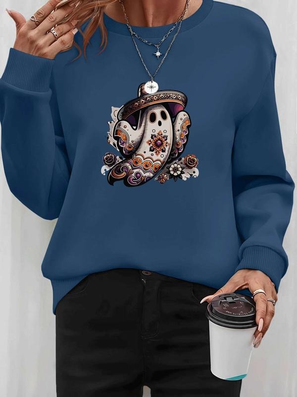 Women's Halloween Ghost Print Long Sleeve Round Neck Pullover Sweatshirt, Casual Fitted Design, Fall & Winter Fashion, 9...