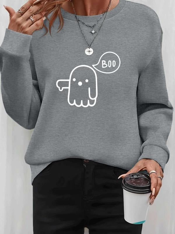 Women's Halloween Ghost Print Pullover Sweatshirt, Casual Fitted Long Sleeve Top, Spring & Fall Fashion, Available in 6...