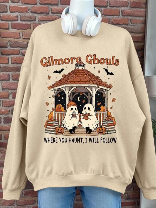 Women's Halloween Ghost Print Pullover Sweatshirt, Casual Fitted Round Neck Jumper, Thick Fabric Fall & Winter Wear...