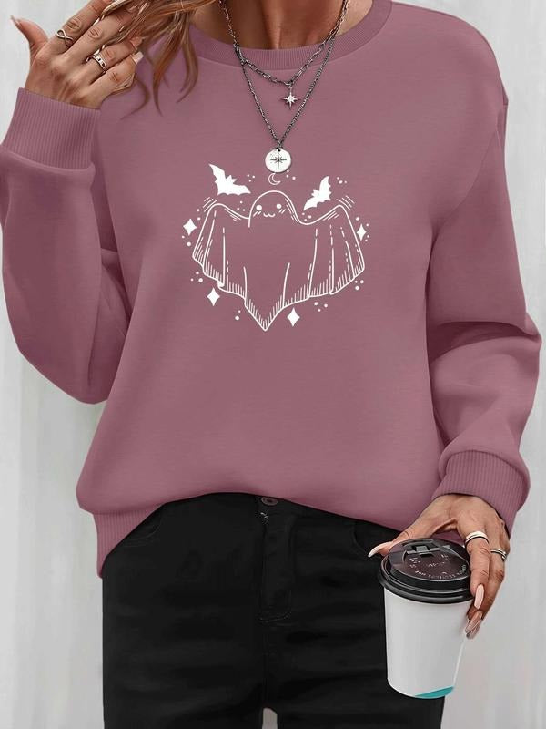 Women's Halloween Ghost Print Pullover Sweatshirt, Casual Long Sleeve Fitted Top, Spring & Fall Fashion, Available in 6...
