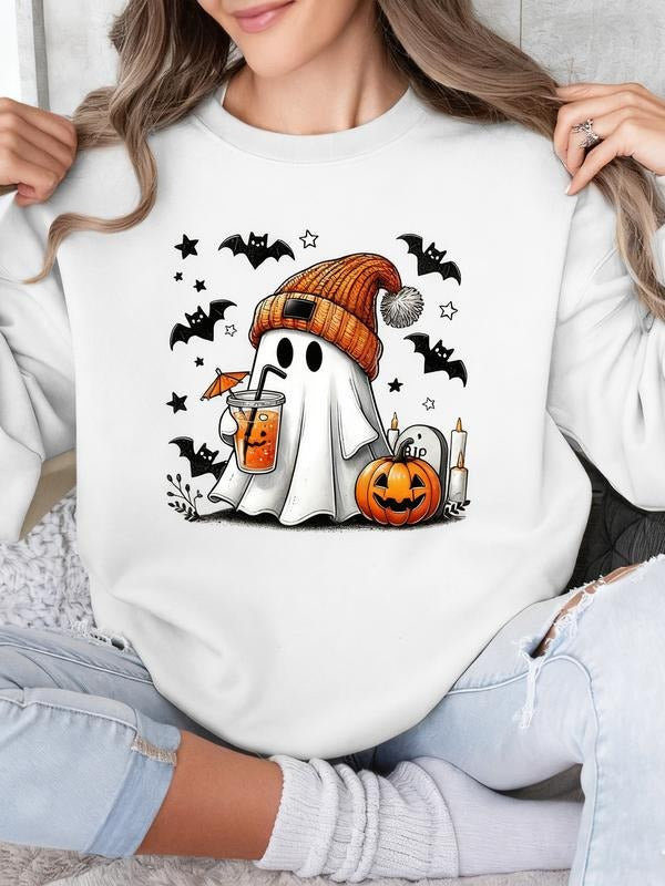 Women's Halloween Ghost Print Pullover Sweatshirt, Casual Round Neck Fitted Jumper, Thick Fabric Fall & Winter Fashion...