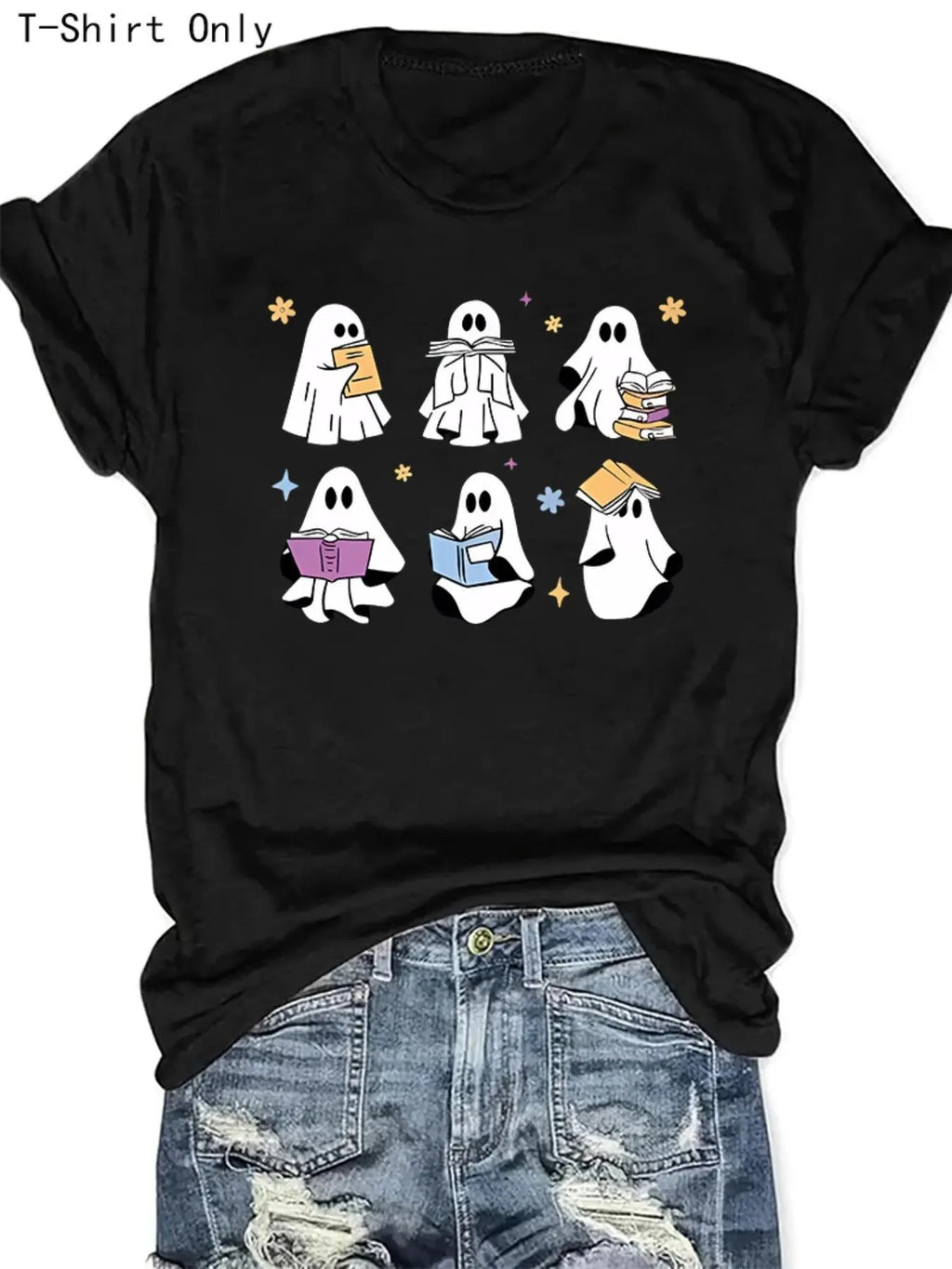 Women's Halloween Ghost Print Round Neck Tee, Casual Short Sleeve Crew Neck T-Shirt for Summer, Fashion Women's Top for...