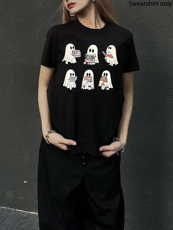 Women's Halloween Ghost Print Round Neck Tee, Casual Short Sleeve Crew Neck T-shirt for Daily Wear, Ladies Clothing for...