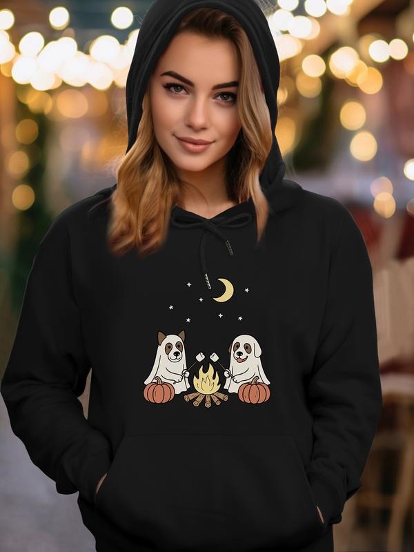 Women's Halloween Ghost Pumpkin Print Hoodie, Casual Long Sleeve Fitted Hooded Sweatshirt with Pockets, Spring & Fall...