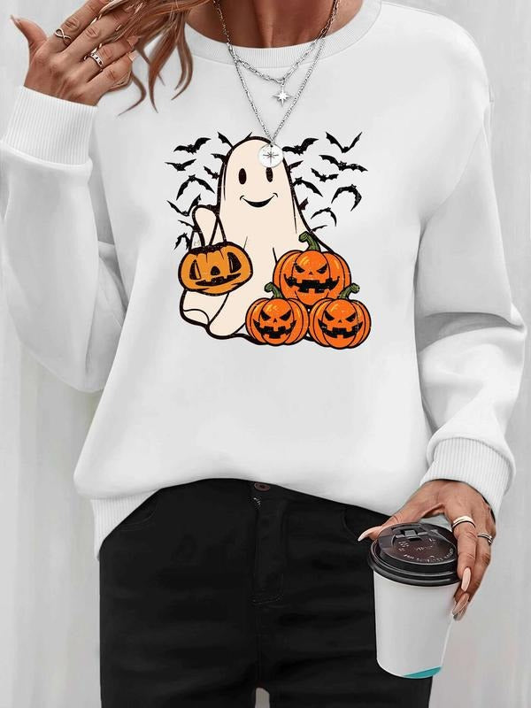 Women's Halloween Ghost Pumpkin Print Long Sleeve Round Neck Pullover Sweatshirt, Casual Fitted Design, Available in 7...