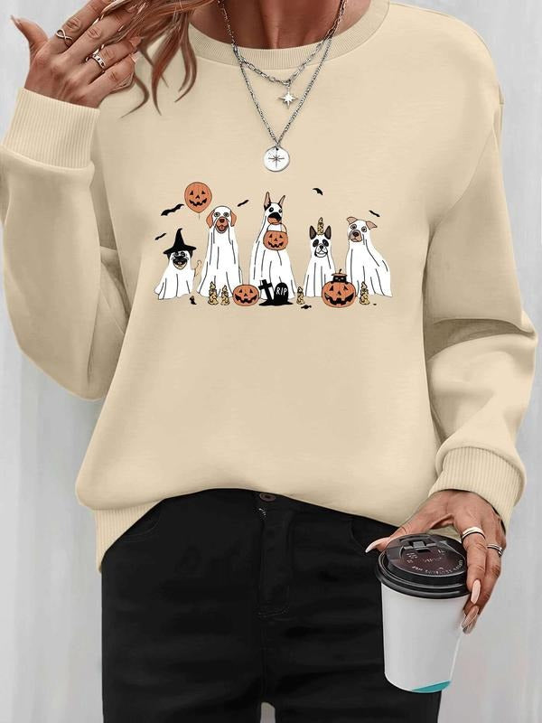 Women's Halloween Ghost Pumpkin Print Pullover Sweatshirt, Casual Fitted Long Sleeve Top, Spring & Fall Fashion,...