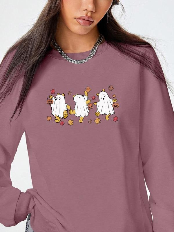 Women's Halloween Ghost Pumpkin Print Pullover Sweatshirt, Casual Long Sleeve Fitted Top, Fall & Winter Fashion,...
