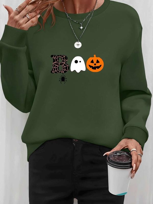 Women's Halloween Ghost Pumpkin Print Pullover Sweatshirt, Casual Long Sleeve Fitted Top, Spring & Fall Fashion,...
