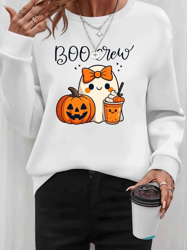 Women's Halloween Ghost Pumpkin Print Pullover Sweatshirt, Casual Long Sleeve Round Neck Fitted Top, Fall & Winter...
