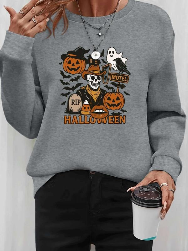 Women's Halloween Ghost Pumpkin Print Pullover Sweatshirt, Casual Long Sleeve Round Neck Fitted Top, Fall & Winter...