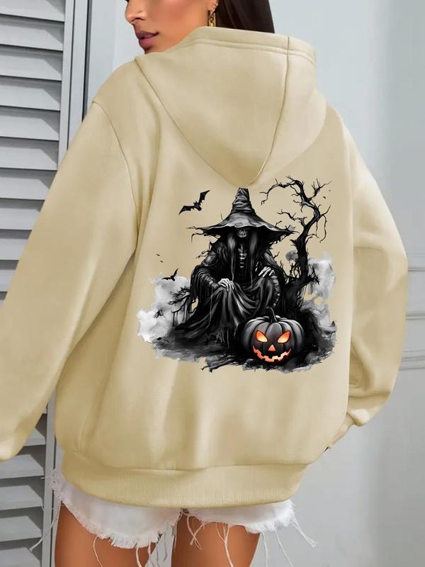 Women's Halloween Graphic Print Drawstring Pocket Hoodie, Casual Drop Shoulder Long Sleeve Hooded Sweatshirt, Lady Fall &...