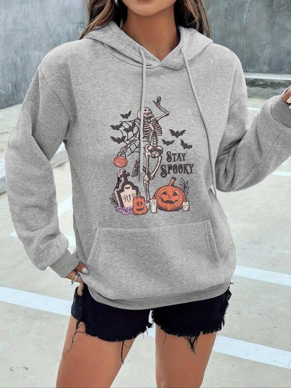 Women's Halloween Graphic Print Drop Shoulder Hoodie, Fashion Casual Drawstring Pocket Hooded Sweatshirt for Daily...