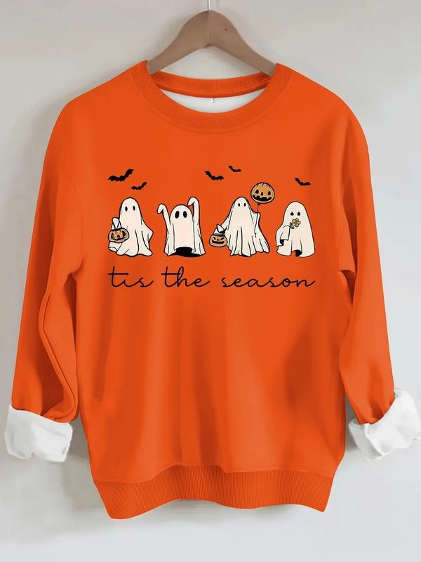 Women's Halloween Hoodie Sweatshirt, Cute Ghost Pumpkin Bat Print, 'tis the Season' Text, Bright Casual Pullover T-Shirts