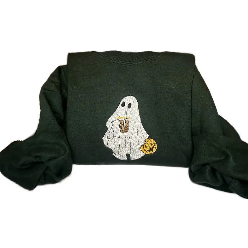 Women's Halloween Iced Coffee Ghost Sweatshirt with Embroidery Design T-Shirts, Hoodie | UrbanDripWear.com