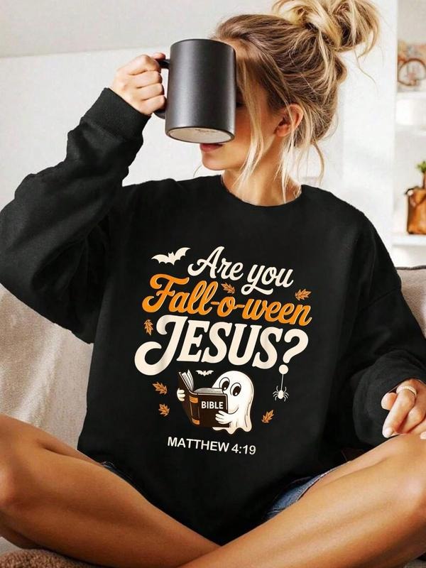 Women's Halloween Letter Print Sweatshirt, Round Neck Pullover, Casual Fall & Winter Fashion, Perfect for Holidays and...