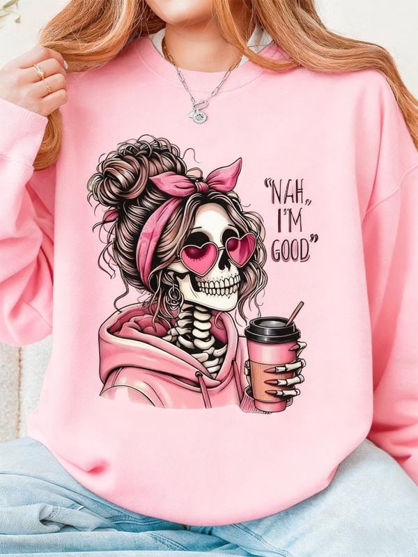Women's Halloween Party Long Sleeve Sweatshirt, Skull Girl Holding Drink Print, Casual Round Neck Pullover, Fall & Winter...