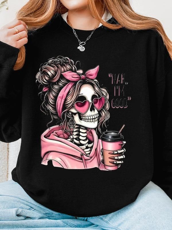 Women's Halloween Party Long Sleeve Sweatshirt, Skull Girl Holding Drink Print, Casual Round Neck Pullover, Fall & Winter...