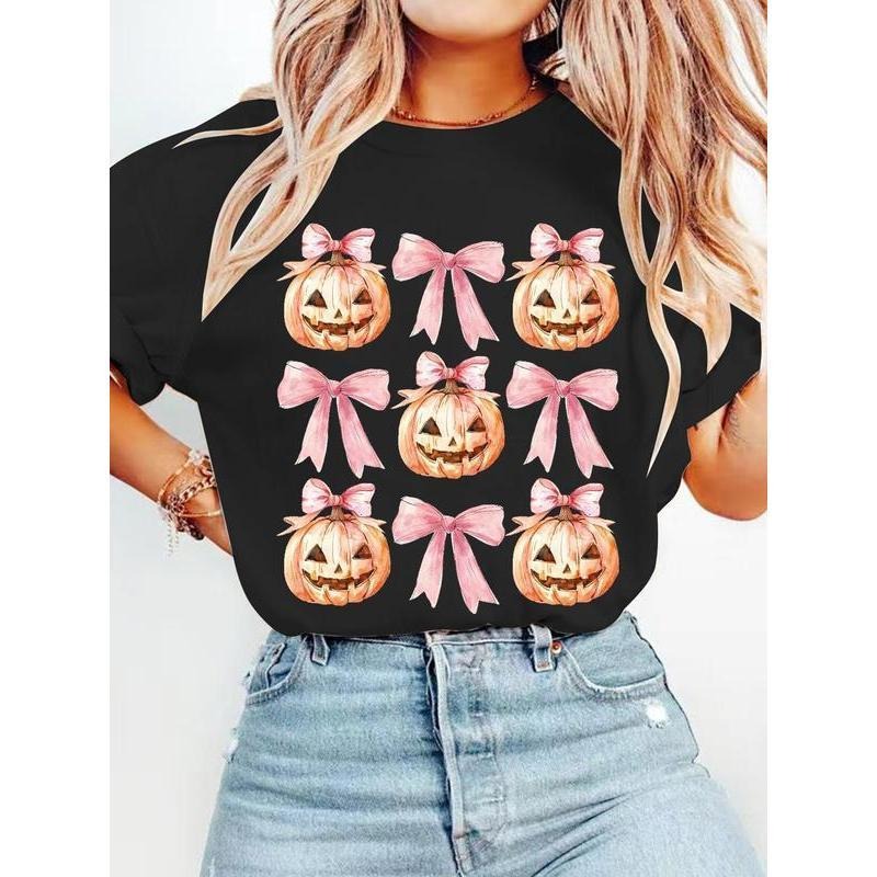 Women's Halloween Print Casual Loose-Fit Round Neck T-Shirt, Leopard Pumpkin Design, Bow Ribbon, All Seasons Wear Hoodie,...