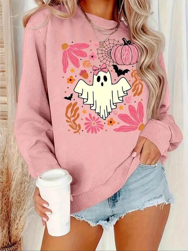 Women's Halloween Print Crew Neck Sweatshirt, Casual Long Sleeve Pullover For Fall & Winter, Women's Clothes For Daily...