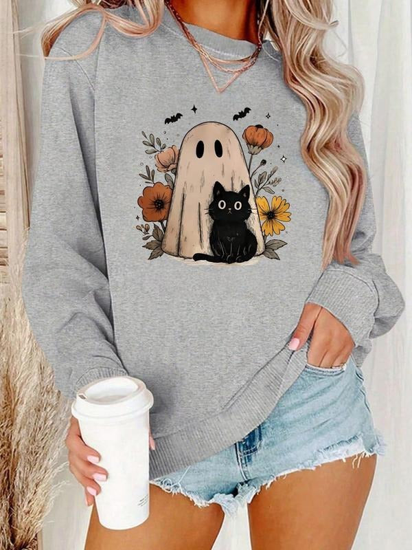 Women's Halloween Print Sweatshirt, Casual Fitted Round Neck Long Sleeve Top, Thick Fabric Fall & Winter Fashion...