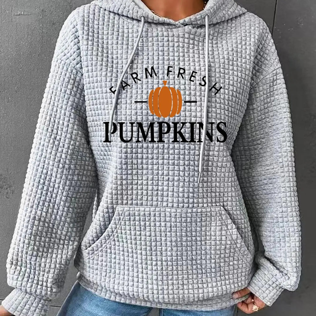 Women's Halloween Pumpkin & Letter Print Waffle Knit  Hoodie, Fashion Casual Drawstring Pocket Hooded Sweatshirt for...