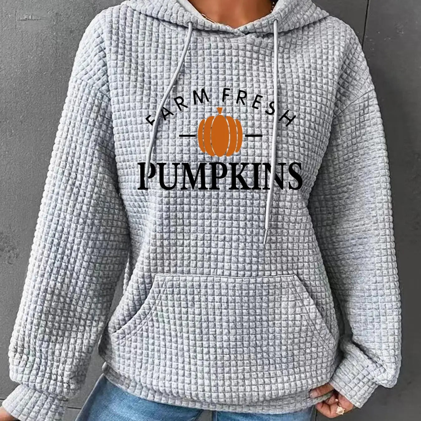 Women's Halloween Pumpkin & Letter Print Waffle Knit  Hoodie, Fashion Casual Drawstring Pocket Hooded Sweatshirt for...