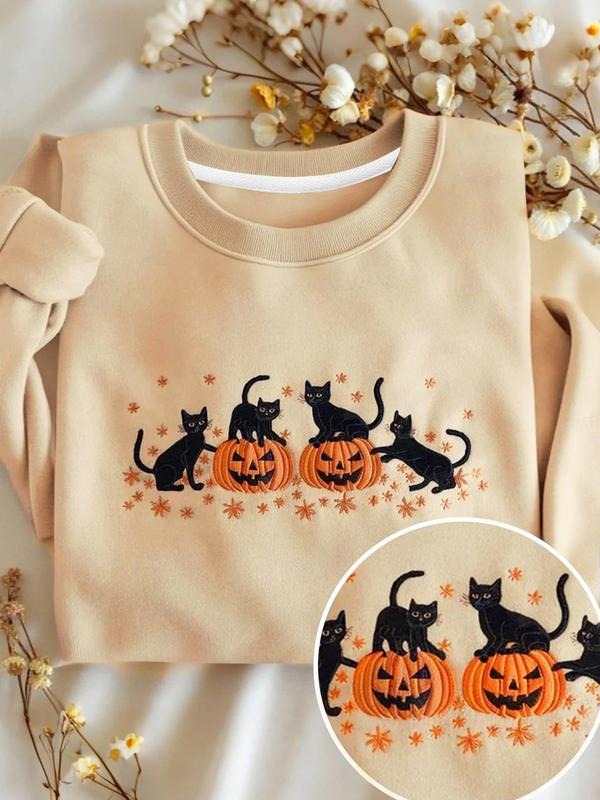 Women's Halloween Pumpkin Cat Print Sweatshirt, Casual Fitted Round Neck Pullover for Fall & Winter, Stylish Ladies'...