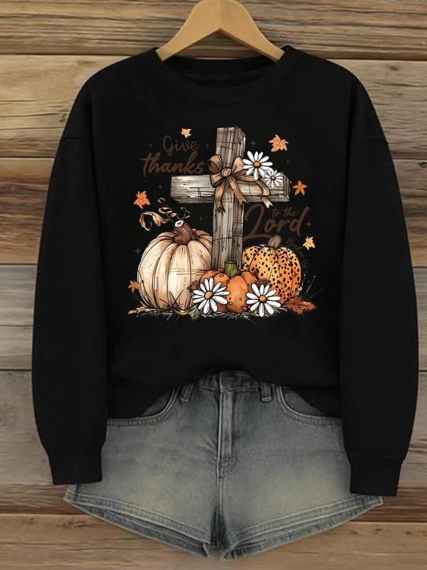 Women's Halloween Pumpkin Cross Print Hoodie, Casual Fitted Round Neck Pullover, Thick Fabric Fall & Winter Fashion...