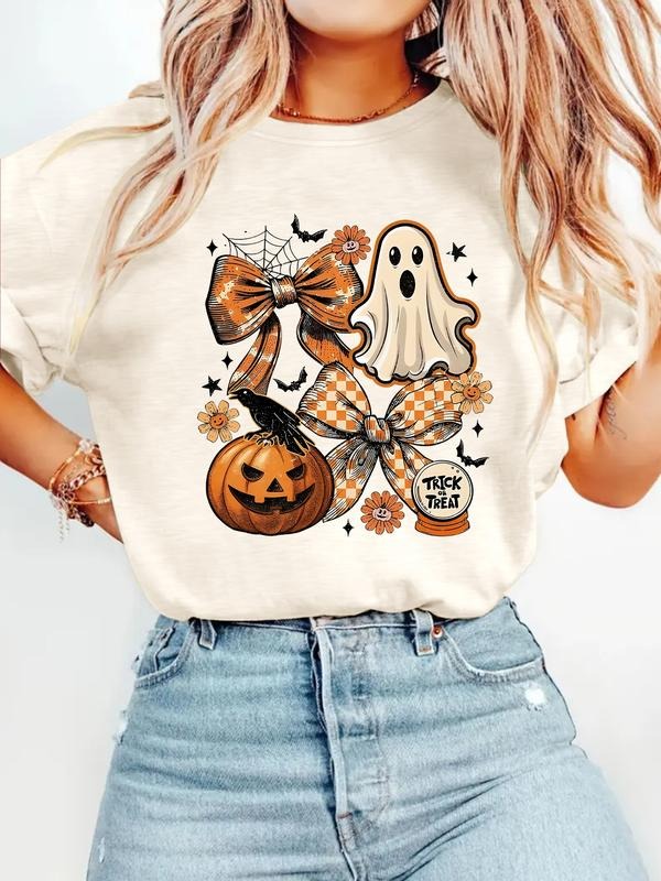 Women's Halloween Pumpkin Ghost Print Casual Summer Top, Round Neck Short Sleeve T-Shirt, Comfortable Breathable Fit...