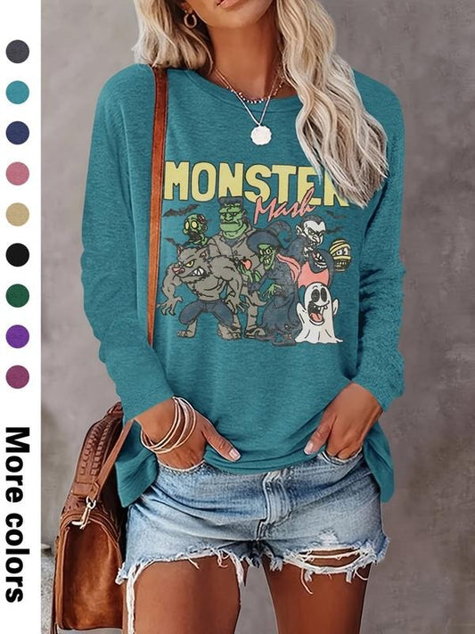 Women's Halloween Pumpkin Ghost Print Long Sleeve Round Neck Casual Top, Soft Comfortable Fabric, Available in 9 Colors
