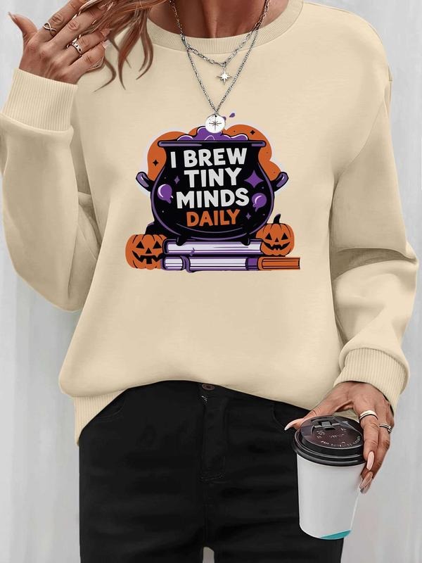 Women's Halloween Pumpkin Letter Print Long Sleeve Round Neck Pullover Sweatshirt, Casual Fitted Design, Fall & Winter...