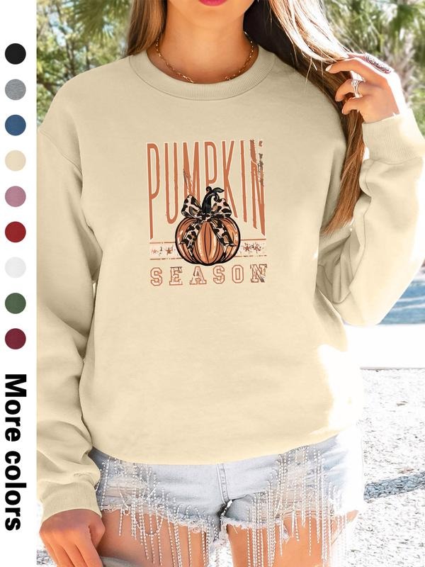 Women's Halloween Pumpkin Letter Print Long Sleeve Round Neck Pullover Sweatshirt, Casual Fitted Kint Fabric, Spring &...