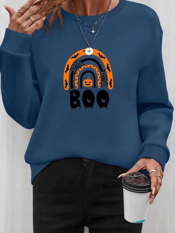 Women's Halloween Pumpkin Letter Print Long Sleeve Round Neck Pullover Sweatshirt, Casual Fitted Style, Fall & Winter...