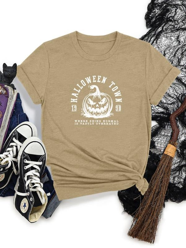 Women's Halloween Pumpkin Letter Print Round Neck Short Sleeve T-Shirt, Soft Comfortable Fabric, Casual Style, All...